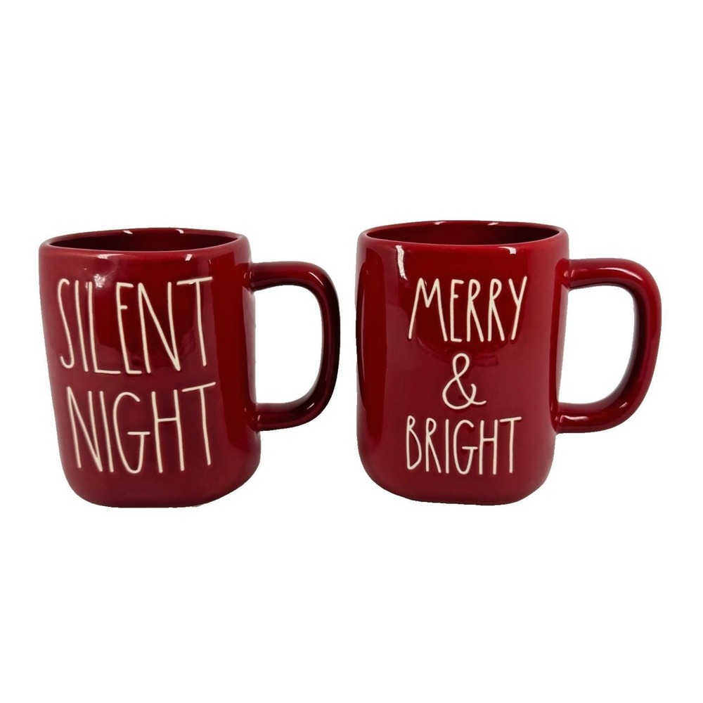 Rae Dunn Silent Night Merry &‎ Bright Red Christmas Coffee Mugs Set of 2